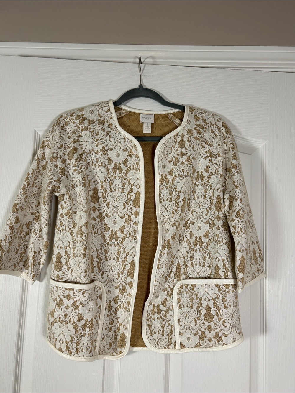 Chico's Cream Lace Overlay Jacket with Tan Underlayer size 8/Chico’s 1